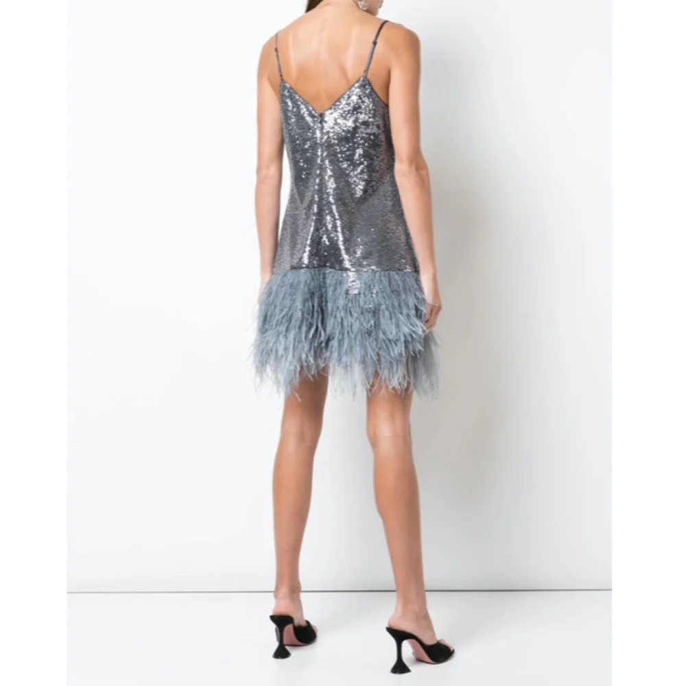 Cinq à Sept Glittering Silver Mini Dress with Feather Detail - Picture 2 of 7